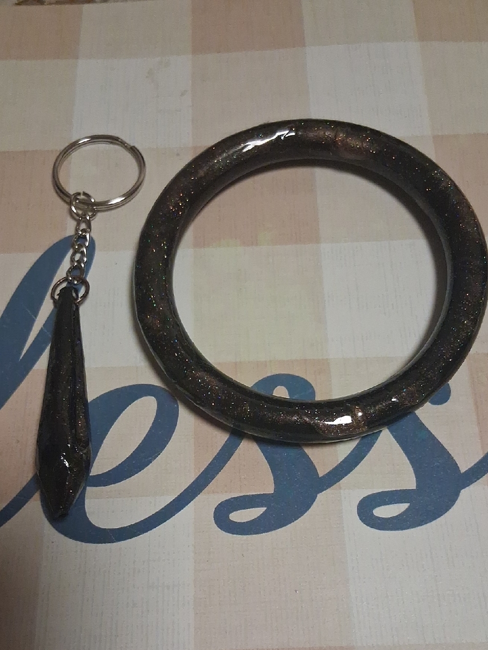 Black Sparkle Resin Bangle with Matching Keychain